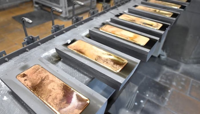 Ingots of 99.99 percent pure gold are placed in a workroom at Krastsvetmet precious metals plant in the Siberian city of Krasnoyarsk, Russia, January 31, 2023. — Reuters