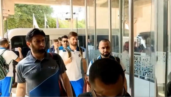 The teams of New Zealand and Pakistan arrive at a hotel in Islamabad on April 18, 2023. Screengrab of a Twitter/Abbasshabbir72 video