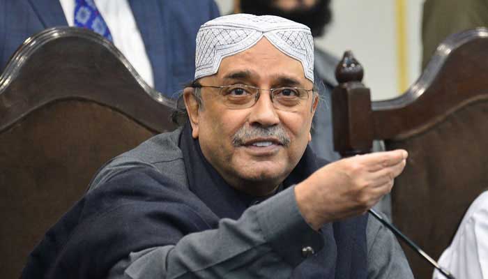 Former president Asif Ali Zardari speaking during a press conference after submitting the no-trust motion against PM Imran Khan on march 8, 2022. — AFP