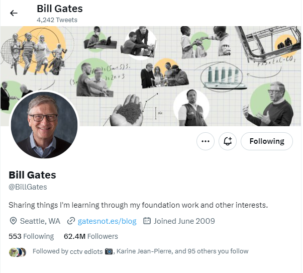 A screengrab taken from Bill Gates official Twitter handle shows no sign of a blue checkmark. — Twitter/@BillGates