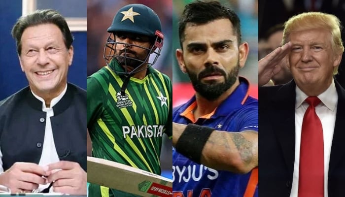 This collage shows pictures of PTI Chairman Imran Khan, Pakistan skipper Babar Azam, former Indian skipper Virat Kohli and former US president Donald Trump. — Reuters/AFP/File