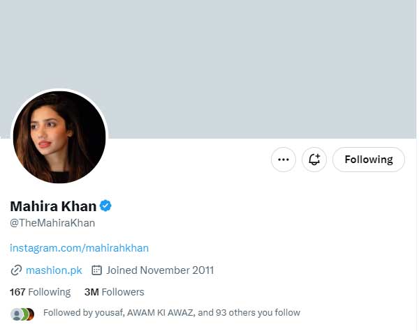 Screengrab of Pakistani actor Mahira Khans Twitter account.