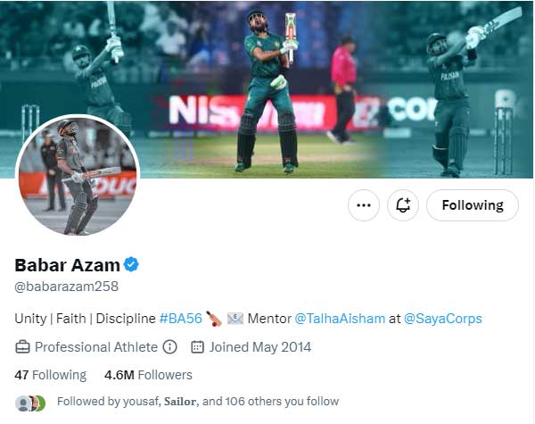 Screengrab of Pakistan skipper Babar Azams Twitter account.