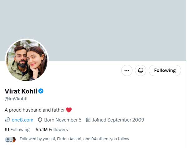 Screengrab of former Indian skipper Virat Kohlis Twitter account.