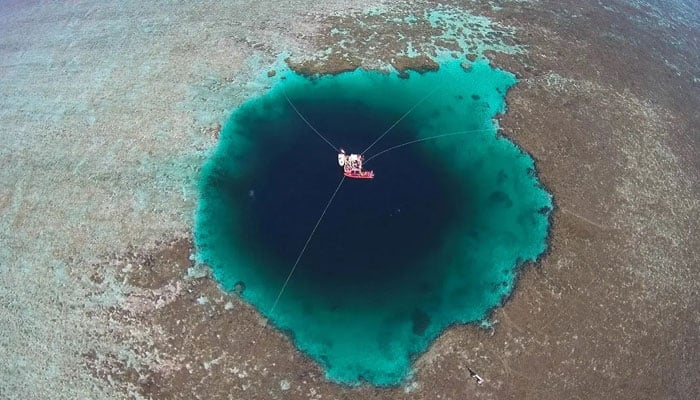 This image shows a blue hole at Chetumal Bay off the coast of Mexico. — Twitter/ratedrookie3