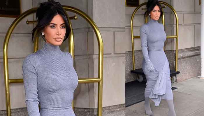 Kim Kardashian sets pulses racing as she flaunts her fit figure in grey turtleneck dress