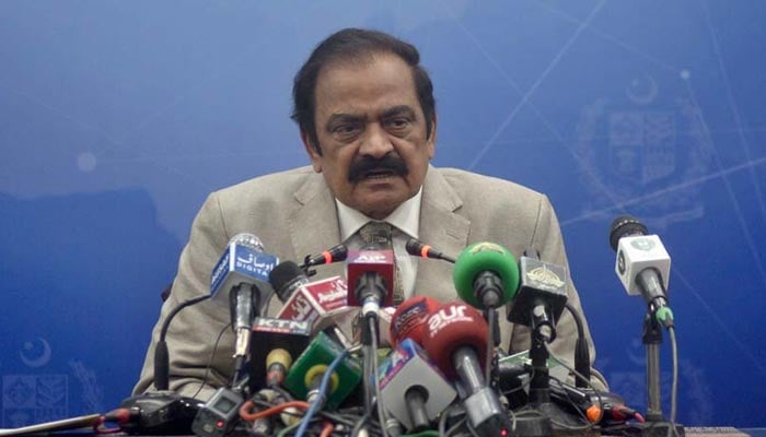 Interior Minister Rana Sanaullah addressing a press conference at Press Information Department in Islamabad on December 1, 2022. — APP