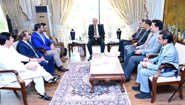 Muttahida Qaumi Movement-Pakistan delegation headed by its convener Khalid Maqbool Siddiqui calls on Prime Minister Shehbaz Sharif. — APP