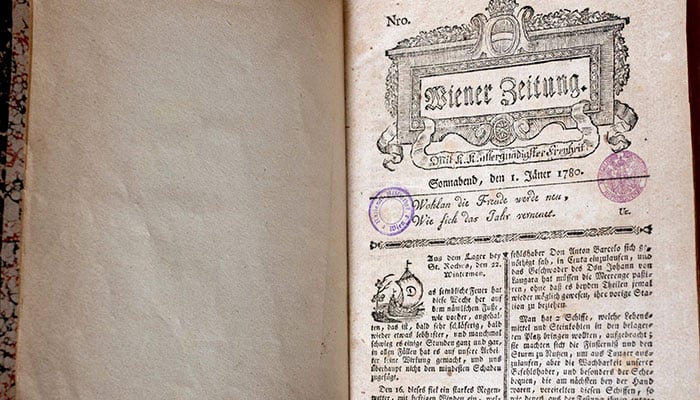 Picture taken on April 26, 2023 at the Oesterreichische Nationalbibliothek (Austrian national library) in Vienna, Austria, shows an issue from January 1, 1780, of the Wiener Zeitung newspaper, as it was renamed from Vienna´s diary (Wiennerisches Diarium) to Wiener Zeitung. —AFP