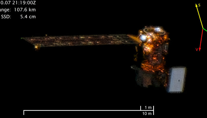 Satellite image of Landsat 8. The satellite body is wrapped in gold foil with the satellite array extending out. Image credit: Maxar WorldView-3. — Twitter/@NASA_Landsat