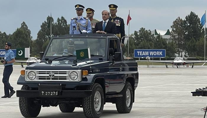 Prime Minister Shehbaz Sharif reviews the passing out parade of cadets at the Pakistan Air Force’s Asghar Khan Academy on April 28, 2023. — Twitter/@Marriyum_A