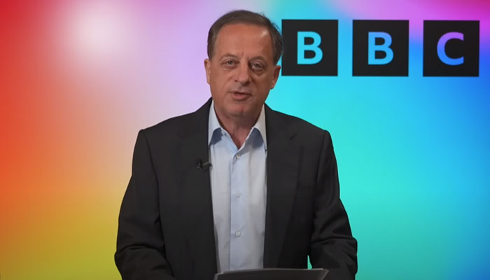 Richard Sharp Chairman of British Broadcasting Corporation (BBC) while talking in a video message on April 28, 2023. — Screengrab/YouTube/SkyNews