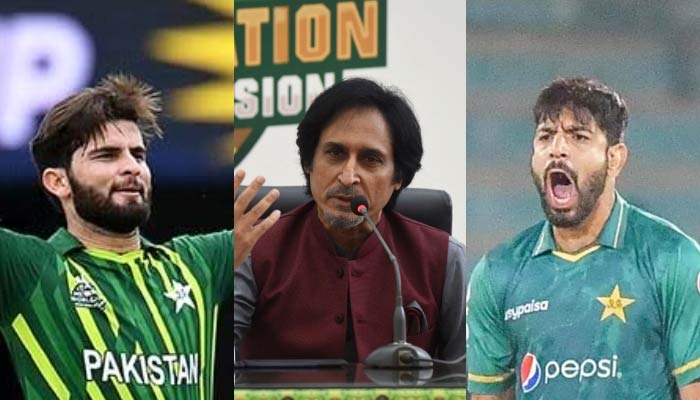 Shaheen Shah Afridi (Left), Ramiz Raja (center) and Haris Rauf. — Twitter/AFP/PCB/Files