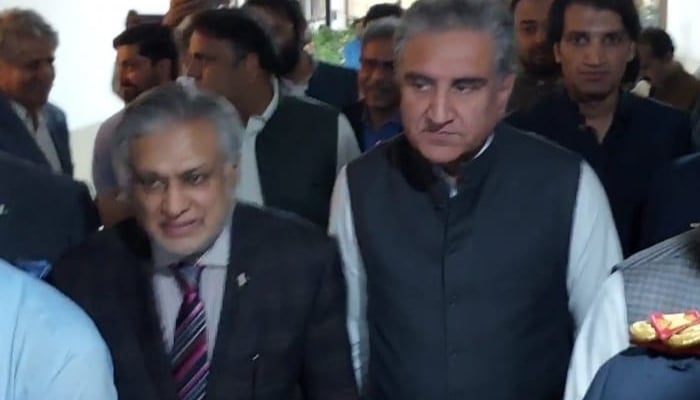 PTI and PML-N delegations hold second round of talks on Friday, April 29, 2023, in this still taken from a video.  — Geo.tv via Haider Sherazi