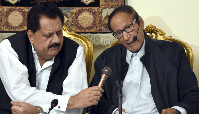 Former prime minister and PML-Q President Chaudhry Shujaat Hussain addressing a press conference at his residence in Islamabad in this undated image. — Online/File