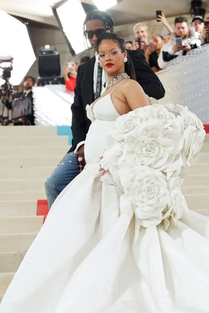 Rihanna elegantly graces the 2023 Met Gala in all-white with A$AP Rocky