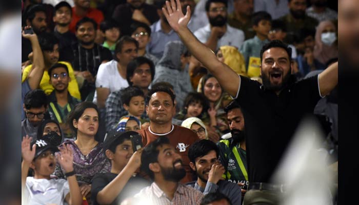 Fans of cricket cheer from the stands during the second ODI between Pakistan and New Zealand at the Pindi Cricket Stadium on April 29, 2023. — Twitter/@TheRealPCB