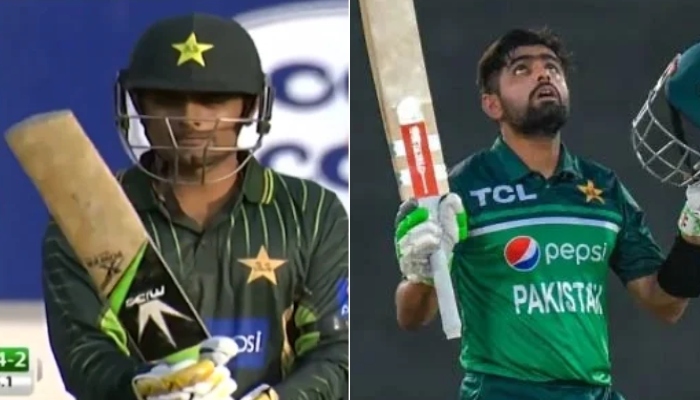 A collage of a Babar Azams throwback picture and a recent photo during ODI matches. — Instagram/therealpcb/AFP