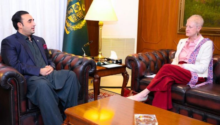 European Union ambassador in Pakistan Dr Riina Kionka (right) calls on Foreign Minister Bilawal Bhutto-Zardari in Islamabad on Monday. — APP