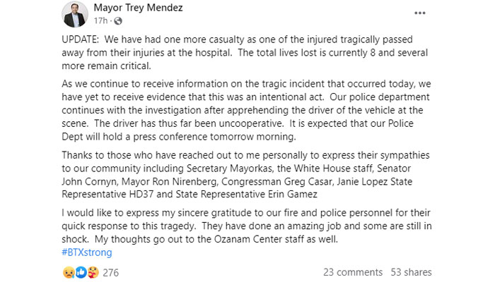 A screen capture is taken from Brownsville Mayor Trey Mendezs Facebook profile.