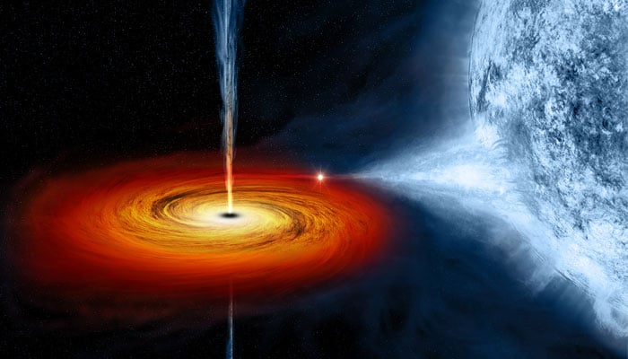 An artists drawing depicts a black hole named Cygnus X-1. It formed when a large star caved in. This black hole pulls matter from a blue star beside it. — Nasa/File