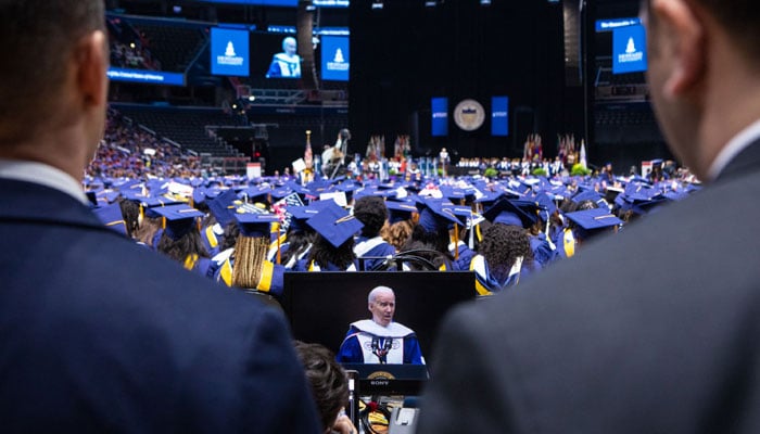 US President Joe Biden addresses the graduating class of Howard University during the 2023 Commencement Ceremony at Capitol One Arena on May 13, 2023, in Washington, DC. — AFP