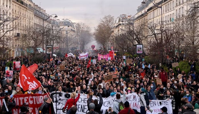 Protesters attend a demonstration as part of the tenth day of nationwide strikes and protests against the French governments pension reform in Paris, France, March 28, 2023. — Reuters