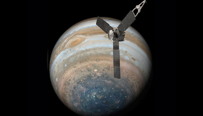 This illustration depicts Nasa’s Juno spacecraft soaring over Jupiter’s south pole. — Nasa/File