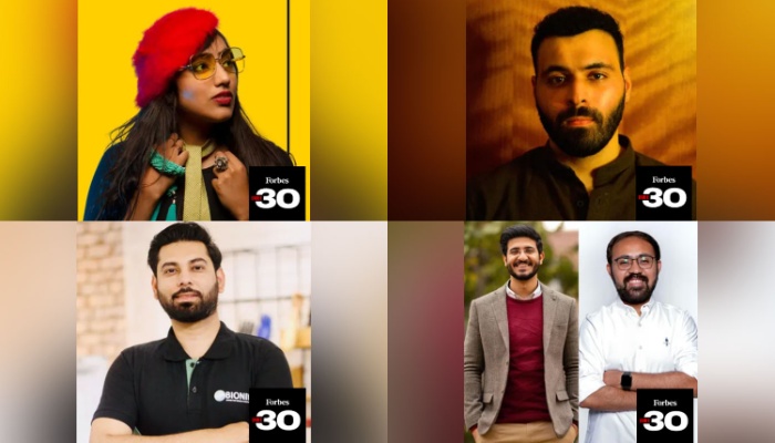 (left-right) artist Ayesha Mubarak Ali, storyteller Azam Mahmood, Bioniks founder Anas Niaz and KalPay cofounders Hassan and Islam. — Forbes