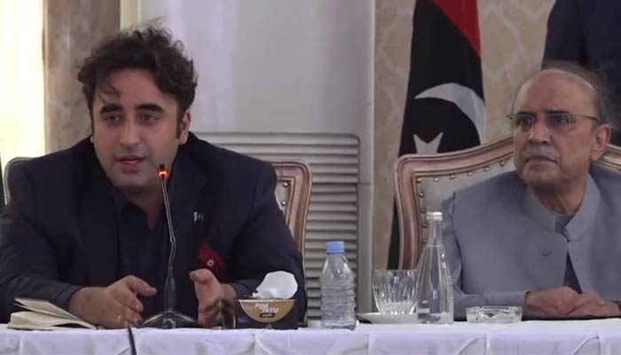 Screengrab of PPP Chairman Bilawal and co-chairman Asif Ali Zardari at the Central Executive Committee (CEC) meeting of the party on May 19, 2023. — Twitter/@MediaCellPPP