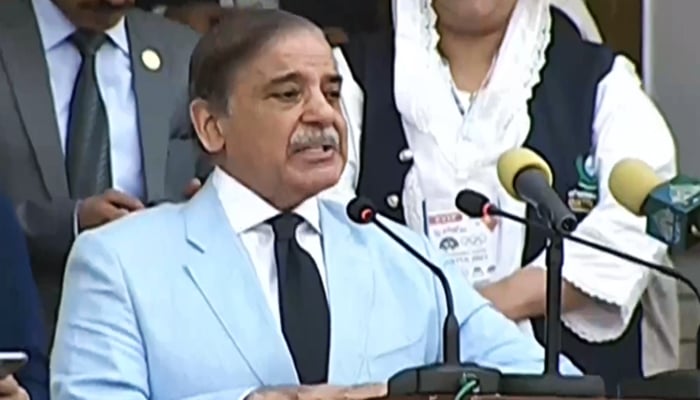 Prime Minister Shehbaz Sharif addressing the 34th National Games ceremony in Quetta on May 22, 2023, in this still taken from a video. — YouTube/PTVNewsLive