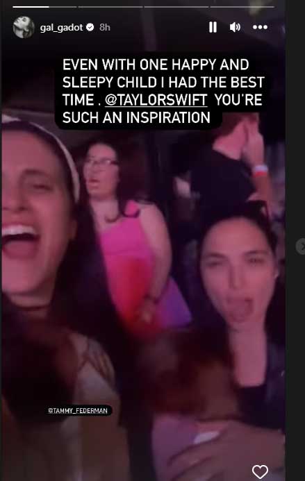 Gal Gadot attends Taylor Swift concert with sleepy child