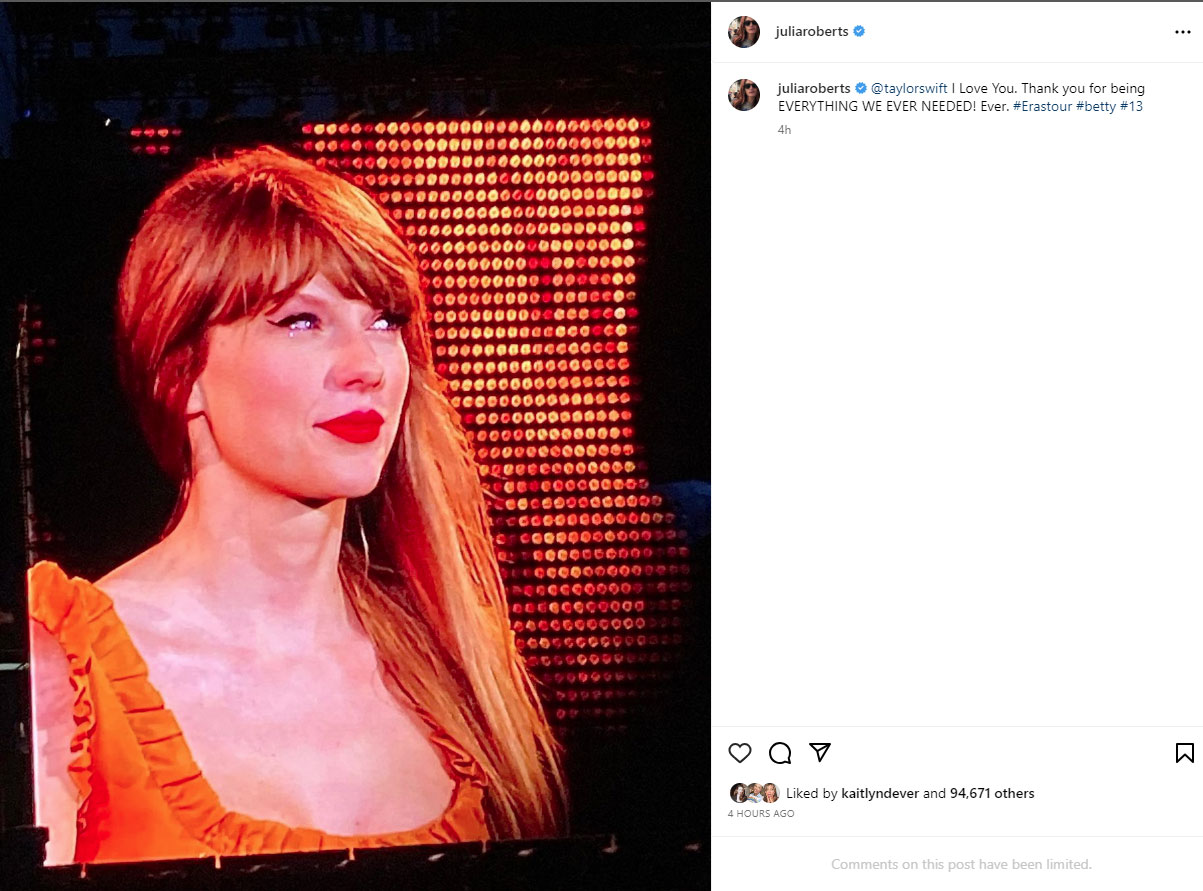 Julia Roberts makes an appearance at Taylor Swift’s Chicago ‘Eras Tour’ show