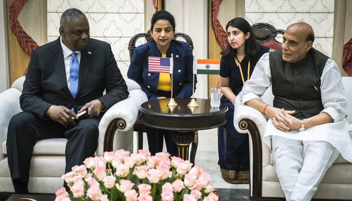 US Secretary of Defense Lloyd Austin (Left) met with Indian Defence Minister Rajnath Singh on June 5. —  Twitter/@SecDef