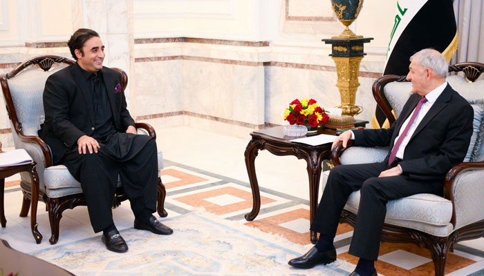 Foreign Minister Bilawal Bhutto-Zardari (left) and Iraqi President Dr Abdul Latif Jamal in a meeting in Baghdad on May 5, 2023. — Radio Pakistan