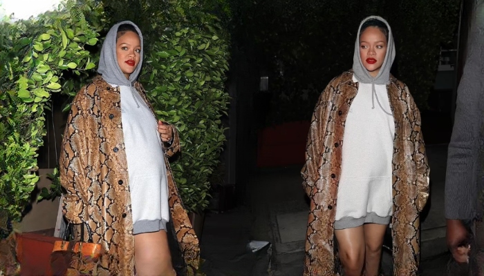 Rihanna exudes pregnancy glow, flaunts baby bump in hoodie dress