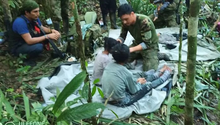 The Colombian military shared a photo of the children in the jungle.—Reuters