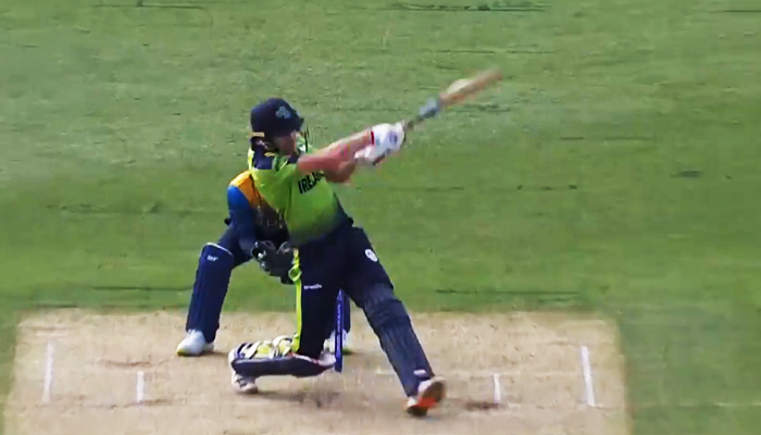 In this still taken from a video, Harry Tector smashes a short during a ODI match against Bangladesh. — ICC