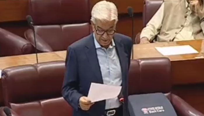 Defense Minister Khawaja Asif addresses the National Assembly on June 12, in this still taken from a video. —YouTube/@NAofPakistan