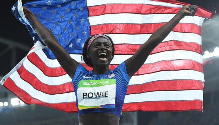 USAs Tori Bowie celebrates after she won the silver medal in the Womens 100m Final during the athletics event at the Rio 2016 Olympic Games at the Olympic Stadium in Rio de Janeiro. — AFP/File