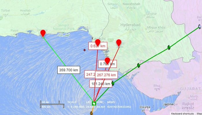 An image of the cyclone Biparjoys distance from the Sindh coastline on June 15, 2023. — Twitter@ndmapk