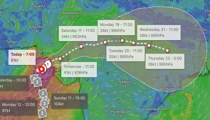 Forecast path of cyclone Biparjoy released on June 15, 2023. — NDMA