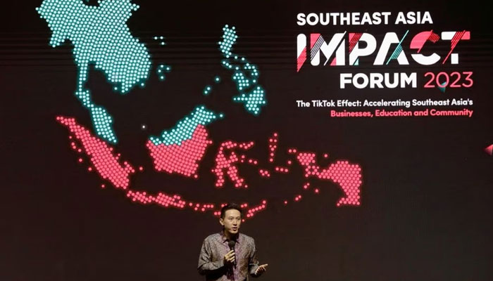 TikTok CEO Shou Zi Chew delivers his speech during the launch of TikTok Socio-Economic Impact Report 2023 event at The Ritz Carlton, Pacific Place in Jakarta, Indonesia, June 15, 2023. — Reuters