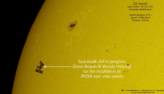 In this image released on June 10, 2023, ISS can be seen passing by the Sun. — Facebook/Thierry Legault