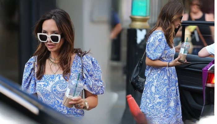 Myleene Klass looks gorgeous in blue floral midi dress