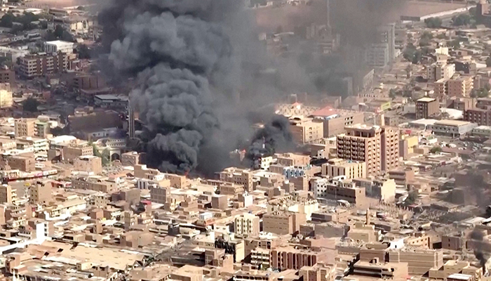 An aerial view of the black smoke and flames at a market in Omdurman, Khartoum North, Sudan, May 17, 2023 in this screengrab obtained from a handout video. — Reuters