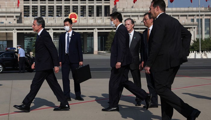 US Secretary of State Antony Blinken can be seen arriving in Beijing Sunday with aides accompanying him on June 18, 2023. — Twitter/CTGNOfficial