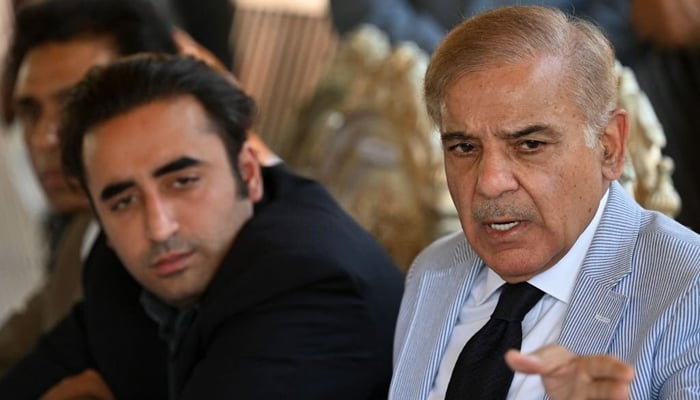 Prime Minister Shehbaz Sharif speaks as Foreign Minister Bilawal Bhutto-Zardari looks on. — AFP/File