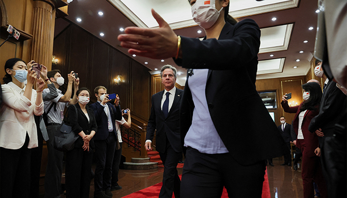 US Secretary of State Antony Blinken walks to a meeting with Chinas Director of the Office of the Central Foreign Affairs Commission Wang Yi (not pictured) at the Diaoyutai State Guesthouse in Beijing, China, June 19, 2023. — Reuters