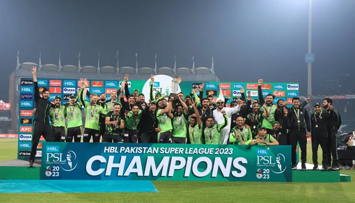 Lahore Qalandars poses after winning the PSL 2023 trophy. — AFP/File